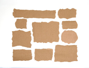  Recycled paper craft stick on a white background. Set of paper torn on white, Brown paper torn or ripped pieces of paper isolated on white background.                       