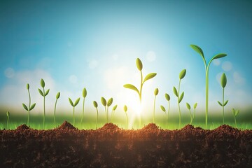Agriculture. Raising plants from germination. Grass seedlings should be planted. a row of sprouting seedlings on a natural green background, surrounded by dirt and sunlight. Generative AI