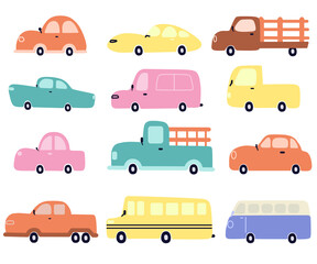 Cute cartoon car set. Collection of different cars.