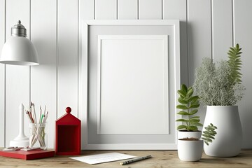 Contemporary mockup: Empty white frame photo on white wood desk with designer accessories. Generative AI