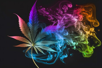 Cannabis leaves with smoke in neon lights. A stylized illustration of a marijuana leaf wrapped in neon smoke on a black background. Generative Ai.