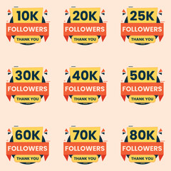 thank you followers celebration banner design vector 10k to 90k followers label set