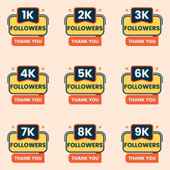 thank you followers celebration banner design vector 1k to 9k followers label set