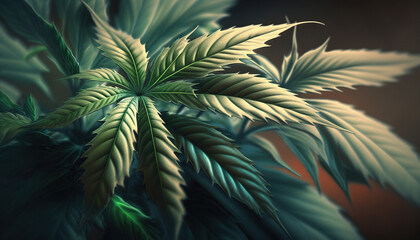 Naklejka na ściany i meble Cannabis leaves in various shades of green form a textured background. Illustration of a fresh marijuana bush on a dark background. Generative ai.