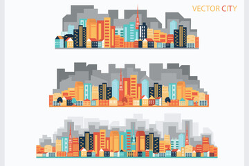 Three vector posters with a city view. Modern city.