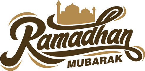 Ramadan mubarak with mosque calligraphy. Vector illustration. Handwritten greeting card, Ramadan mubarak with mosque typography