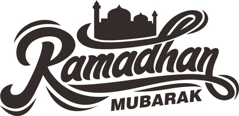 Ramadan mubarak with mosque calligraphy. Vector illustration. Handwritten greeting card, Ramadan mubarak with mosque typography