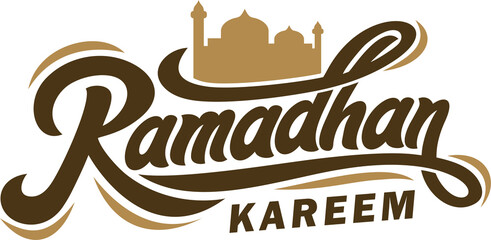 Ramadan Kareem with mosque calligraphy. Vector illustration. Handwritten greeting card, Ramadan kareem with mosque typography