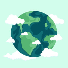 Happy earth day. Earth, is a dark green globe with clouds. Ecology and environmental protection. Can be used as a postcard or for printing. Vector illustration in flat cartoon style.