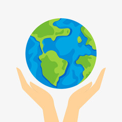 Happy earth day. Hands hold the earth and globes. Hands protect the earth. Earth Day. Vector illustration in flat cartoon style.