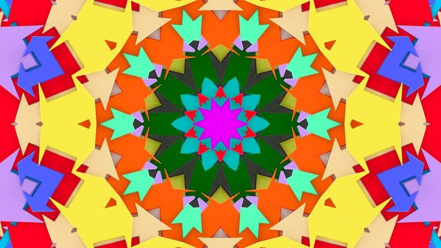 Vivid polygonal elements of different colors and shapes radiating from centre quickly, growing, enlarging, spreading. Abstract colorful fast-paced kaleidoscopic animation. 4K UHD 4096x2304