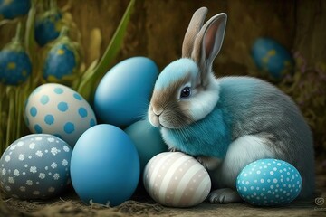 Fototapeta na wymiar Cute easter bunny and many blue eggs