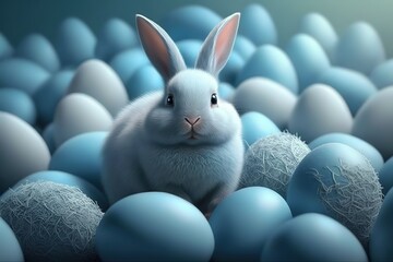 Cute easter bunny and many blue eggs
