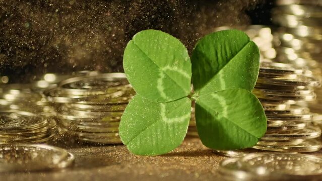 Lucky four leaf clover with gold particles glittering in the air surrounded by shiny gold coins. Symbolizing luck, fortune, and prosperity.