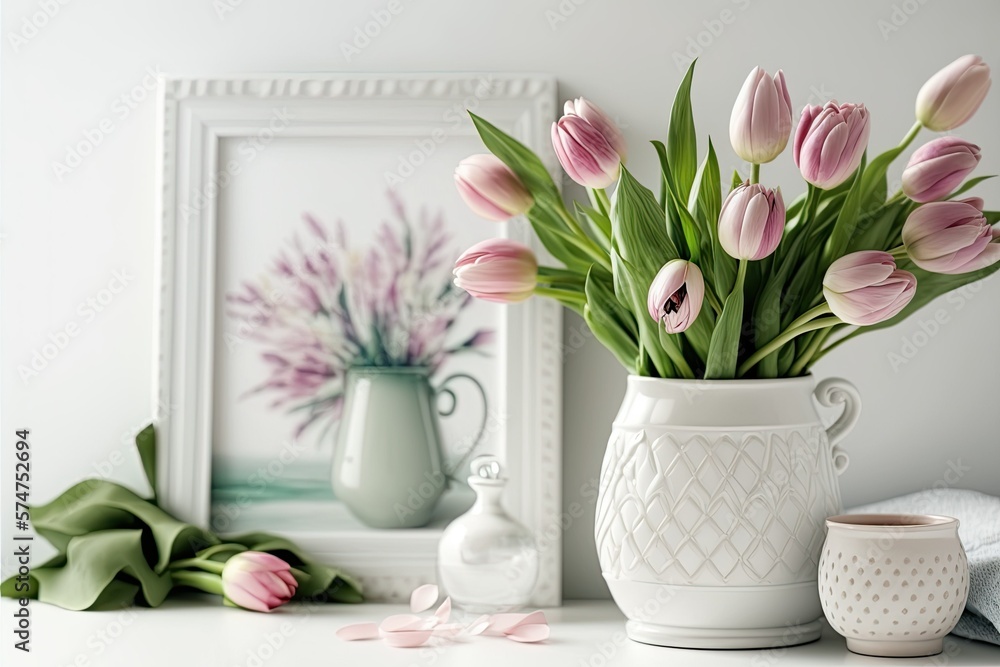 Sticker home decor. pink tulips in a vase. generative ai