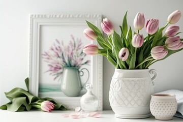 Fototapeta na wymiar Home decor. Pink tulips in a vase. Generative AI