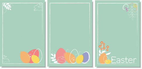 Easter Flyer templates set, abstract background, watercolor brush Easter eggs, rabbit, bunny ears pastel shades pink, blue, yellow, white. Pattern for presentation, brochure, banner, poster design.