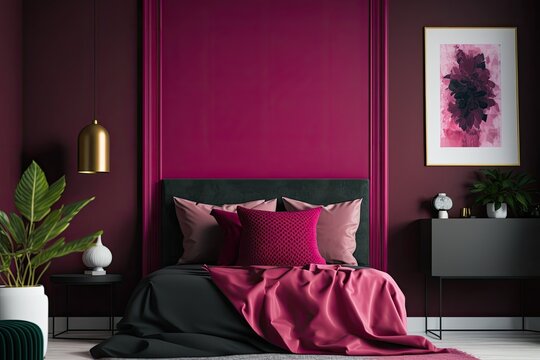 Vibrant Magenta Is The Interior Color Of The Bedroom From 2023. Mockup Wall With Leather In Burgundy, Scarlet, And Deep Black. Contemporary Interior Room Design. Premium Style Accent. Generative AI