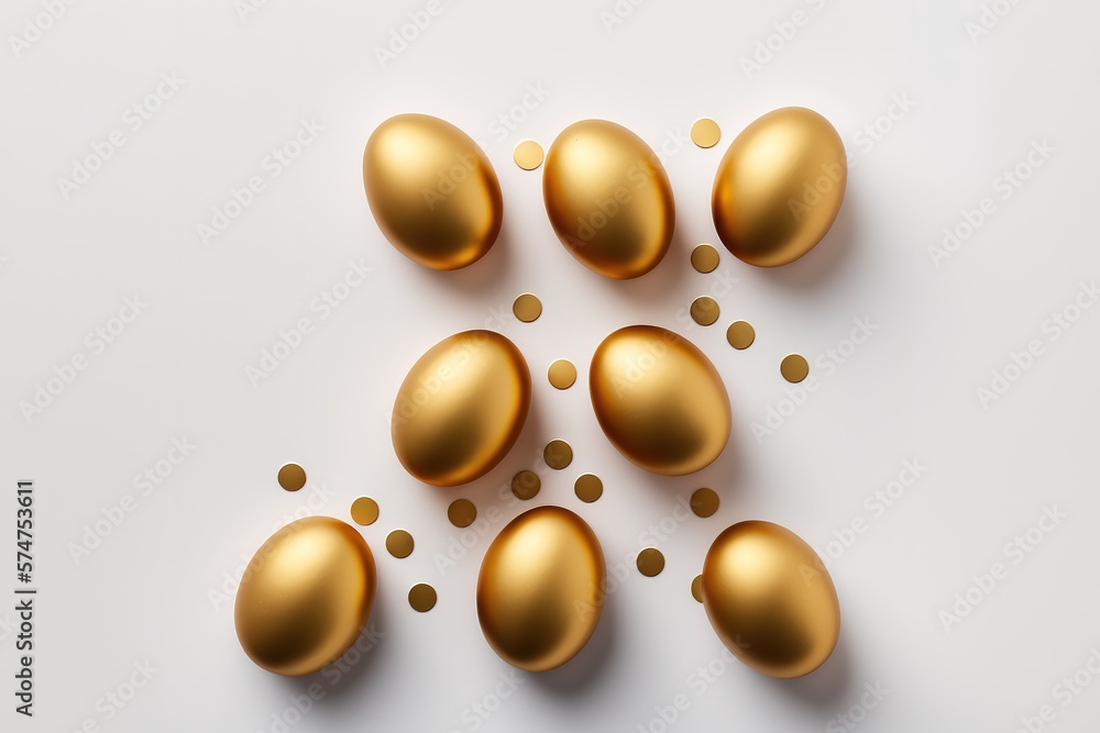 Wall mural Easter golden decorated eggs stand in a row on white background. Minimal easter concept. Happy Easter card with copy space for text. Top view, flatlay