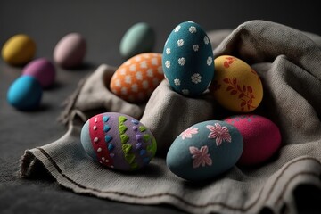 colourful Easter eggs on grey fabric