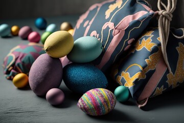 Fototapeta na wymiar colourful Easter eggs on grey fabric