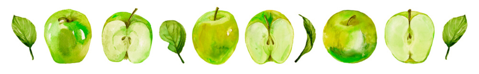 Hand-drawn watercolor illustration set of the green apples fruits. Food drawing isolated on the white background. Apples harvest clip-art for package design