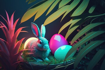 Colorfully Neon Easter eggs in a tropical environment on tropical green palm leaves and a white rabbit nearby