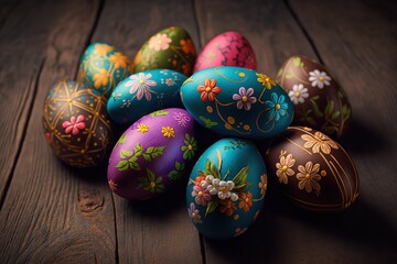 Beautiful colorful easter eggs on wooden