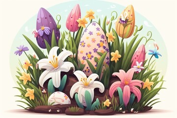 Easter eggs and lily flowers on the grass isolated vector illustration on white. Cute egg characters in lily flower garden drawing in colorful cartoon style