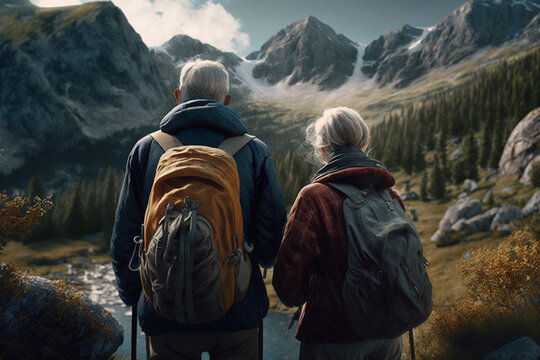 an elderly couple go hiking in the mountains view from the back, created by a neural network, Generative AI technology