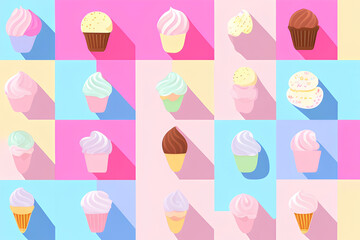 Cute Collage Collection Of Delicious Cupcakes & Ice Cream created with generative ai technology