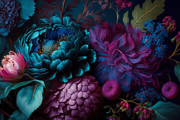 beautiful fantasy vintage wallpaper Colorful pretty disco retro vibes botanical flower bunch,vintage motif for floral print digital background.generative ai.