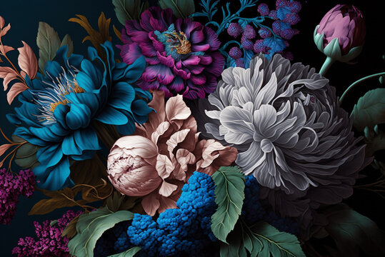 beautiful fantasy vintage wallpaper Colorful pretty disco retro vibes botanical flower bunch,vintage motif for floral print digital background.generative ai.