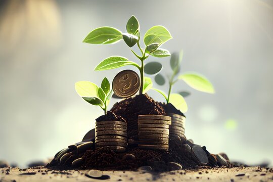 Green sprouts growing from money, investment concept, Generative AI