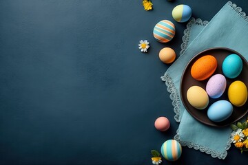 Fototapeta na wymiar Easter banner with painted eggs and napkin on dark blue background. Top view, flat lay with copy space