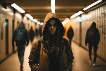 young sad-looking woman in an underpass. Generative AI - obrazy, fototapety, plakaty