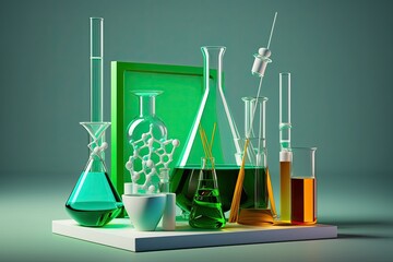 Glassware used in chemistry laboratories, displayed on a green background. Generative AI - obrazy, fototapety, plakaty