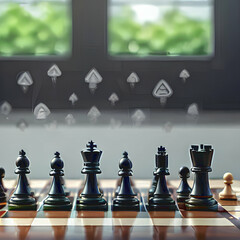 close-up illustration of lined up chess figures on a table with blurred out background and new technology data network overlay, generative ai