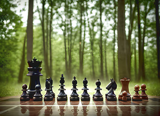 closeup illustration of lined up chess figures on the floor with blurred out forest background, generative ai