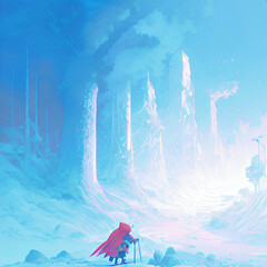 fantasy illustration of little red riding hood wandering around in a snowy landscape, generative ai