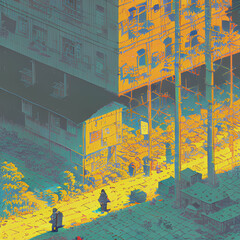 isometric illustration of japanese city in retro style with simple colour pattern, generative ai