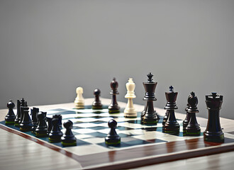 closeup illustration of lined up chess figures on a table with blurred out background, generative ai