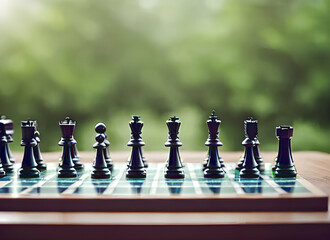 closeup illustration of lined up chess figures on a table with blurred out background, generative ai