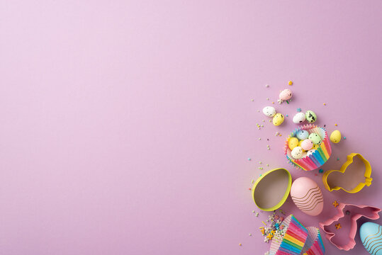 Easter cooking concept. Top view photo of animal shaped baking molds pink and blue easter eggs and sprinkles on isolated pastel violet background with blank space