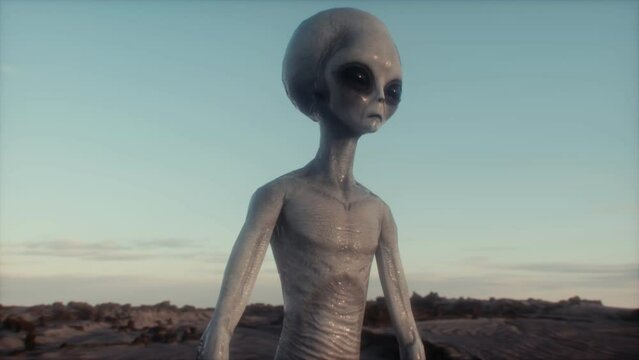 Alien surveys Earth after landing. UFO, UAP, concept. 4K CGI animation.
