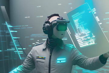 illustration of fictional cyber character with network data overlay, generative, ai