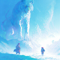 fantasy illustration of little red riding hood wandering around in a snowy landscape, generative ai