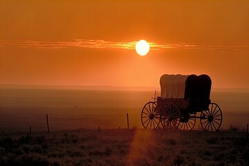A horse and wagon on a trail in the old West. Cowboy movie. 