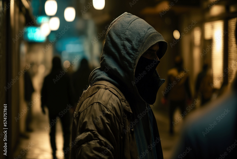 Wall mural young masked man wearing hoodie standing in narrow alley in city with other people as group or alone scary environment. Generative AI