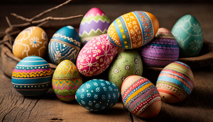 Fototapeta na wymiar Colorful Easter eggs on wooden background, Generative AI
